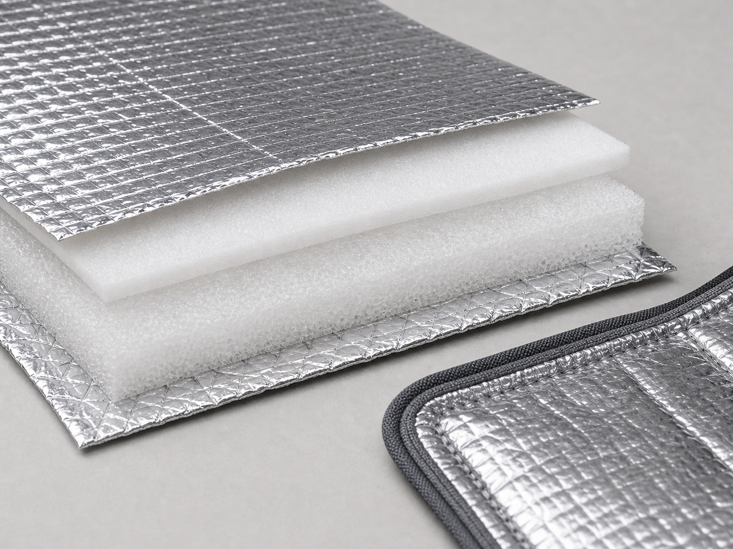Aluminum foil lining and foam insulation layer samples for cooler bags